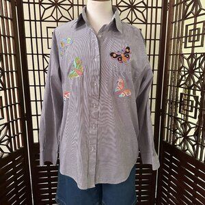 Vintage Fabrizio by Afiva Striped Butterfly Rhinestone Long Sleeve Blouse Sz M